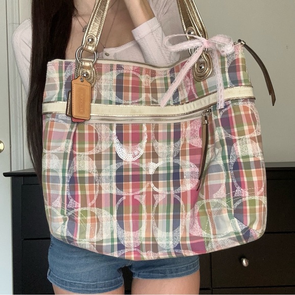 Coach Handbags - Coach Plaid Pastel Signature Tote with Gold Handles